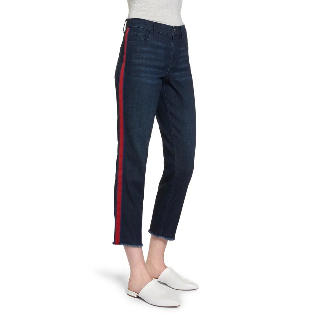 Halogen | Straight Crop Raw Hem Tuxedo Stripe‎ Jeans in Red & Blue